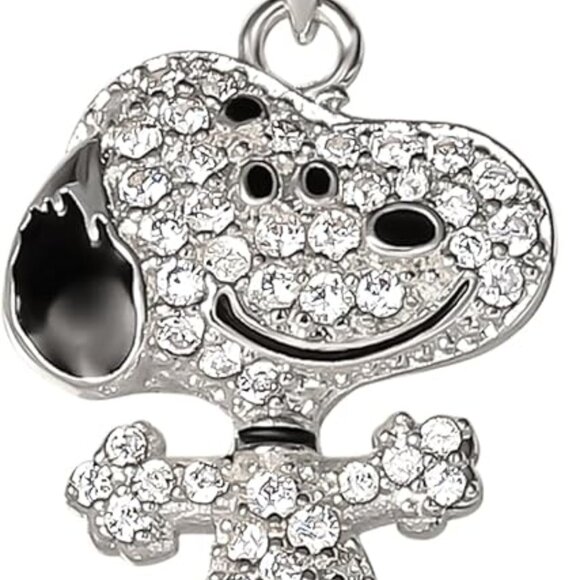 Snoopy Necklace Silver Flash-Plated 3D Pave or Pink Glitter Heart Jewelry - Picture 1 of 6